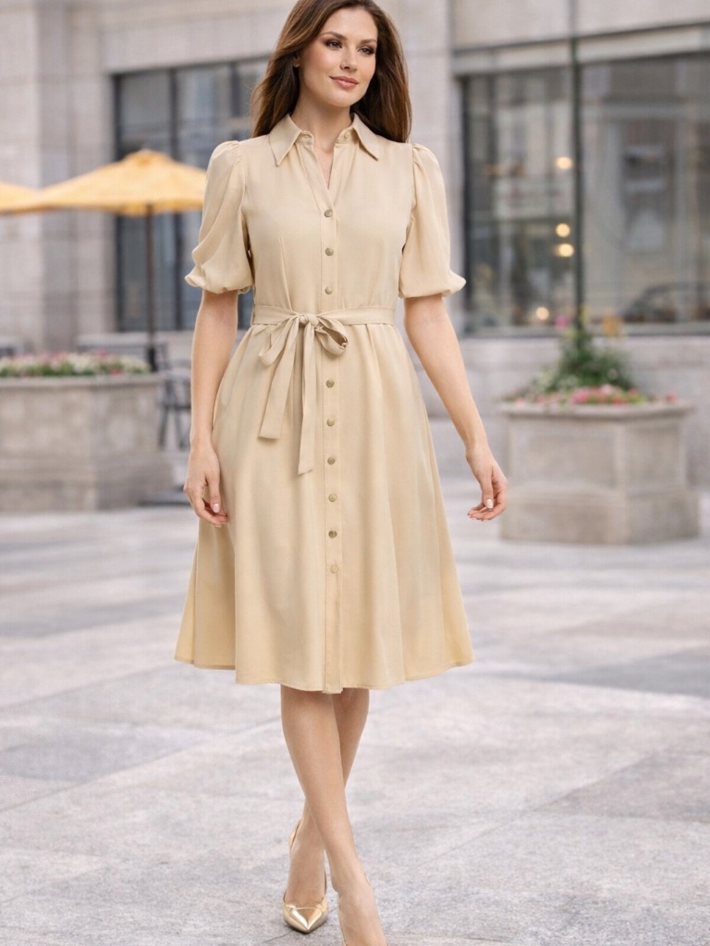 Sharagano Shirt Dress Sand Tan Midi Size 14 Belted Puff Sleeve Button Front NWT